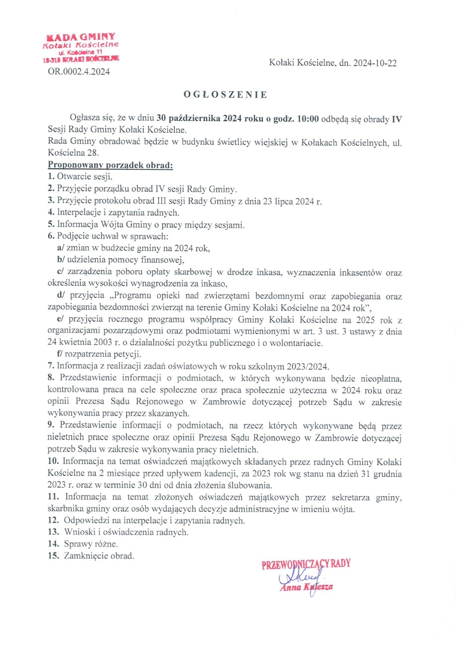 Ogloszenie IV sesja Rady Gminy Kolaki Koscielne page 0001
