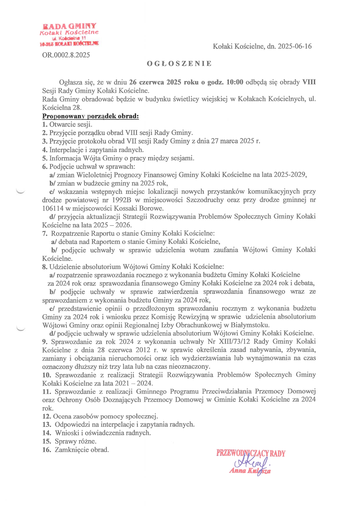 Ogłoszenie o VIII sesji rady Gminy Kołaki Kościelne page 0001